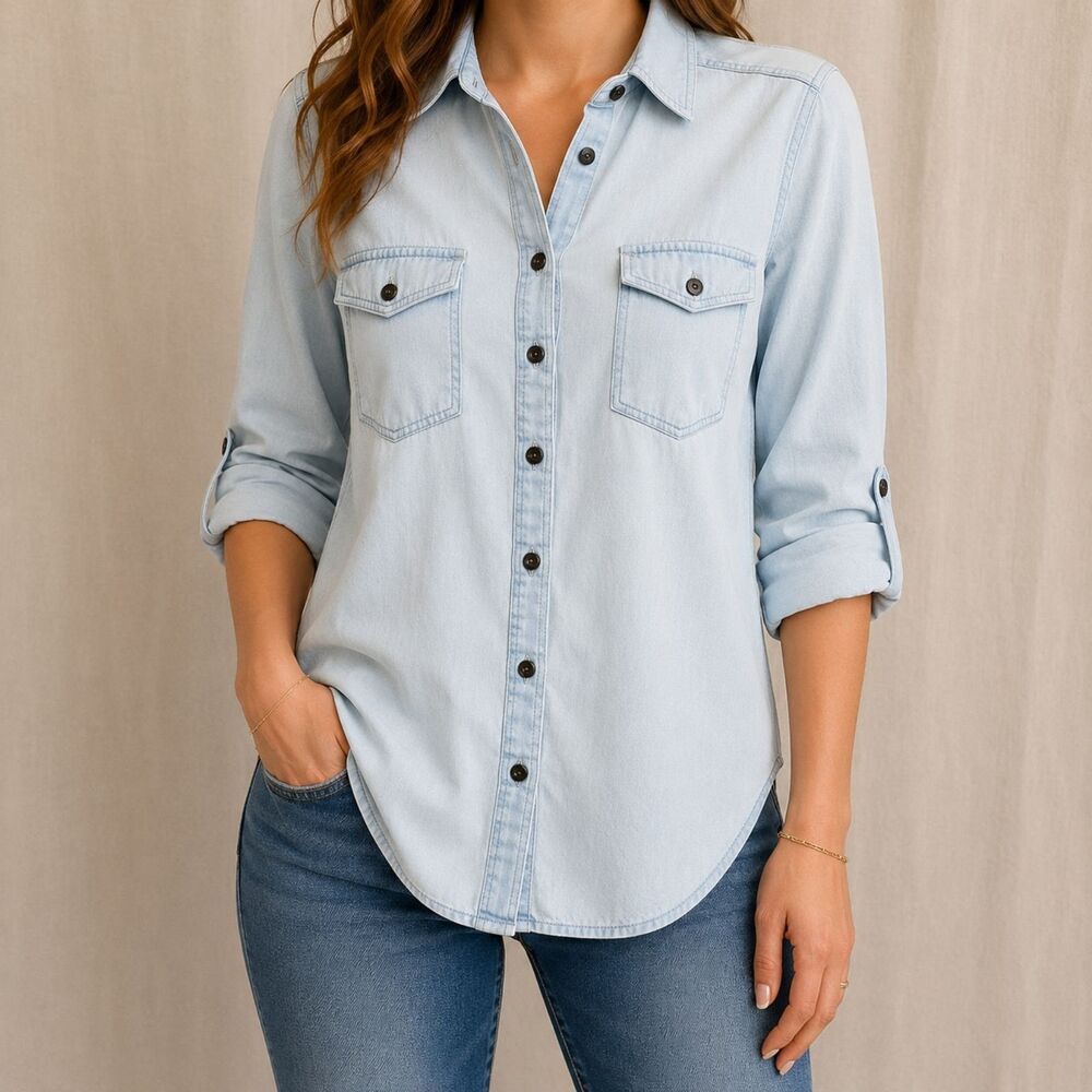 Taylor & Sage Lace Back Chambray Button Shirt Shacket XS